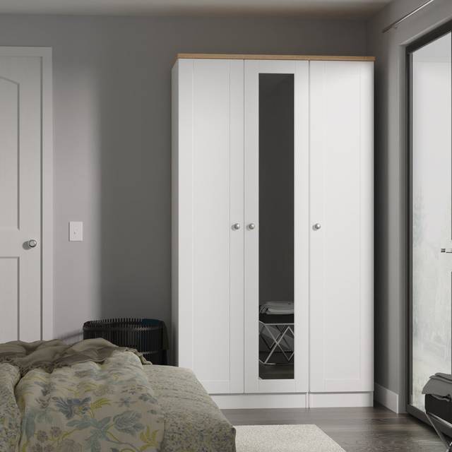 Ondrasek Tall Triple Mirror Wardrobe in White Ash & Bardolino Oak (Ready Assembled) (196cm H X 111cm W X 53cm D)