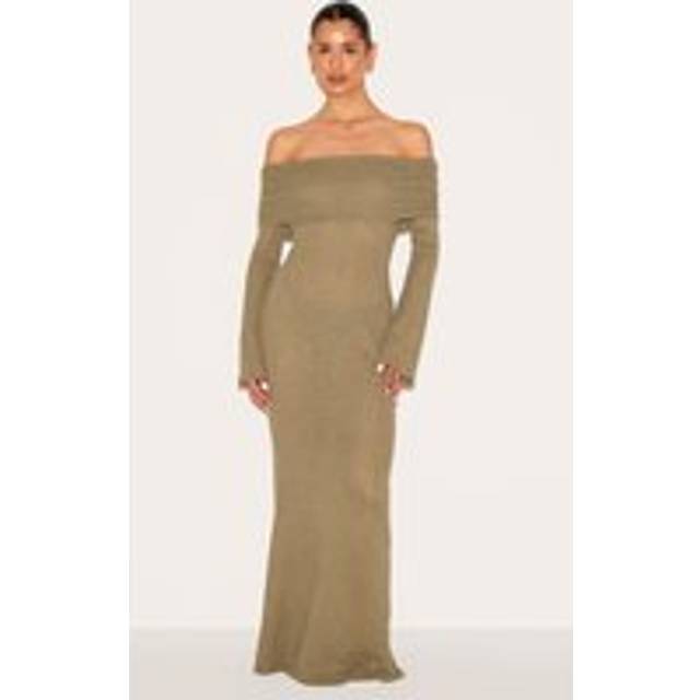 Tall Khaki Textured Extreme Bardot Long Sleeve Maxi Dress, Green - 4