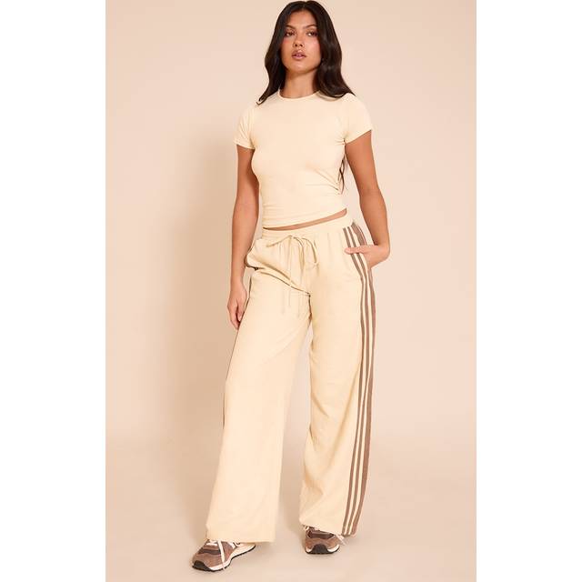 Butter Cream Peachskin Contrast Stripe Wide Leg Trousers, Butter Cream - 4