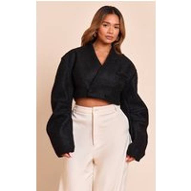 Shape Black Wool Look Wrap Over Cocoon Sleeve Cropped Jacket, Black - 10