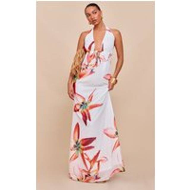 Cream Printed Plunge Tie Detail Maxi Dress, White - 8
