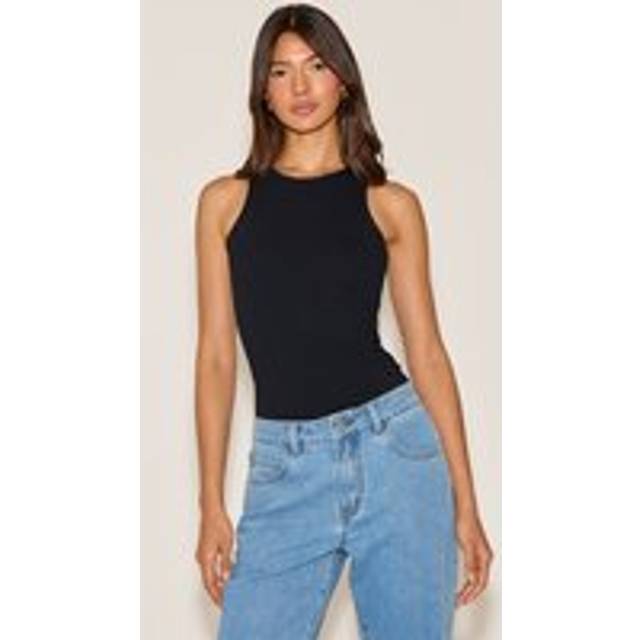 Black Soft Cotton Racer Sleeveless Bodysuit, Black - 14