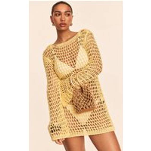 Butter Yellow Crochet Long Sleeve Beach Mini Dress, Butter Yellow