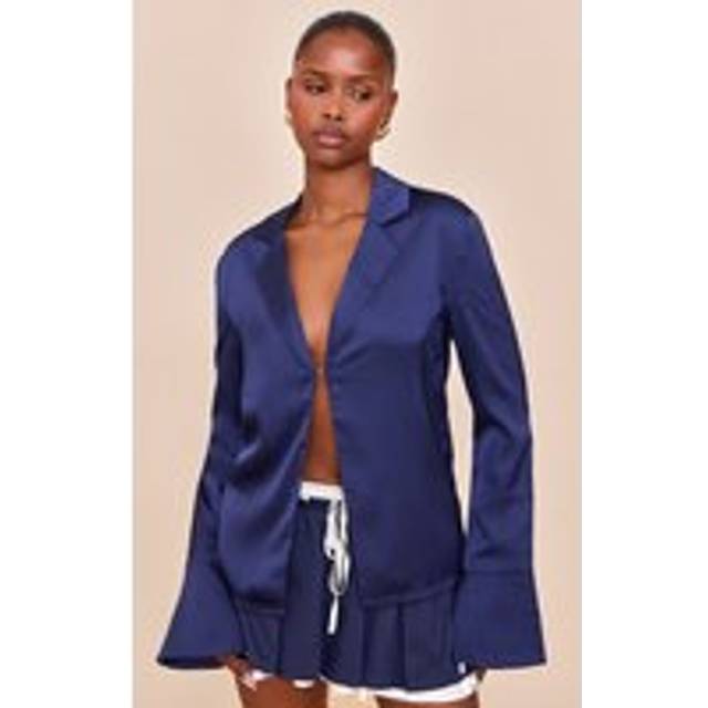 Navy Satin Hook And Eye Detail Oversized Shirt, Blue - 16