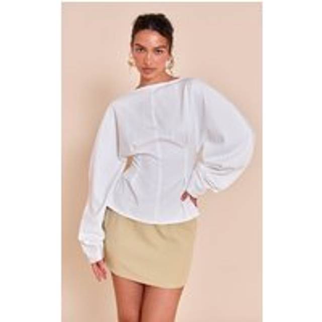White Woven Boatneck Fitted Blouse, White - 14