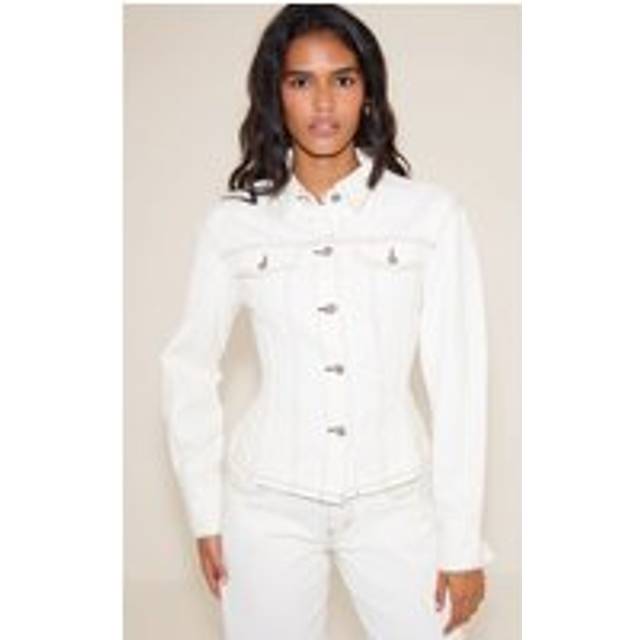 White Contrast Stitch Long Sleeve Cinch Waist Denim Jacket, White - 6