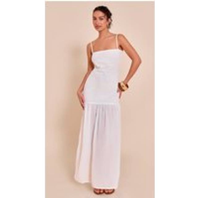 White Linen Look Strappy Dropped Waist Maxi Dress, White - 6