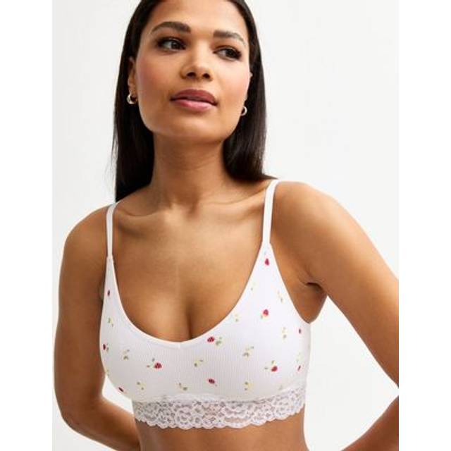 New Look Women's White Strawberry Print Crop Top Bra - L