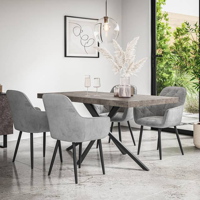 (Grey) Donni Dining Table And Chairs - Concrete Effect Table w 4-6 Anika Velvet Chair