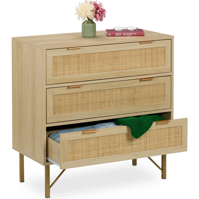 Relaxdays Chest of Drawers, Bedroom Dresser, Rattan Look, 80x80x42 cm, Living Room & Hallway Sideboard, Natural/Gold