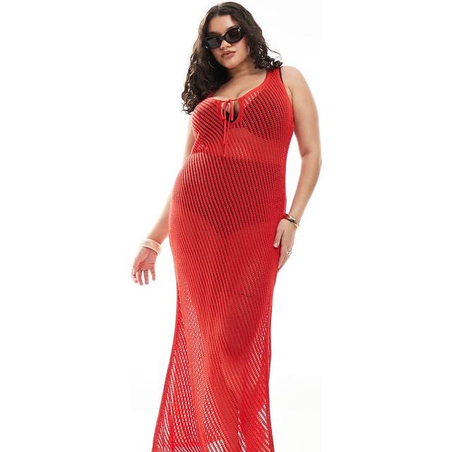 New Look Women's Plus Size Red Crochet V-Neck Maxi Dress Curves - UK 20