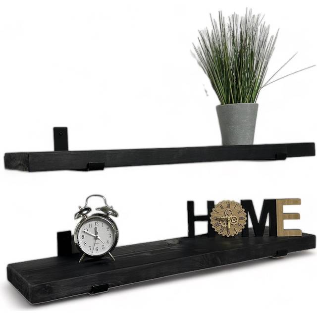 Set of 2 Rustic Wooden Floating Shelves with Black Brackets (Black, 70cm) - 1 Pack