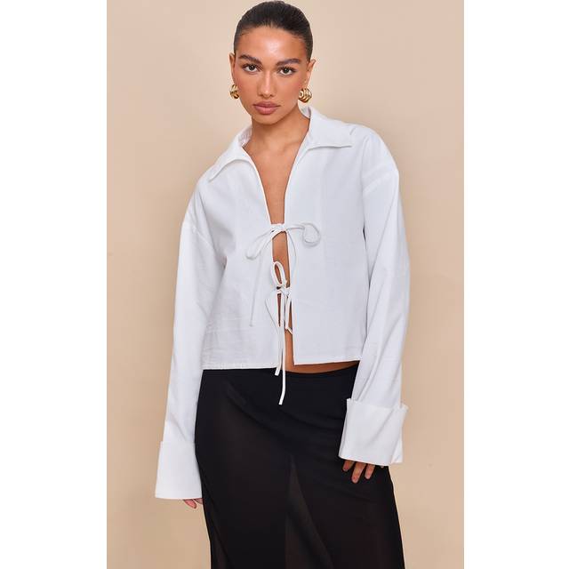 White Tie Front Linen Look Collar Blazer, White - 6