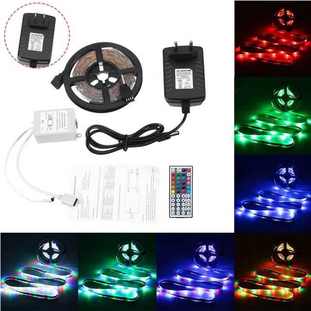 (EU Plug) 5M 24W Waterproof 3528SMD RGB LED Strip Lights + 44 Keys Remote Control US EU Power Adapter DC12V