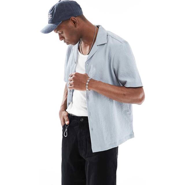 Mens River Island Blue Seersucker Revere Shirt - L