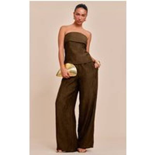 Khaki Textured Woven Mid Rise Wide Leg Trousers, Green - 14