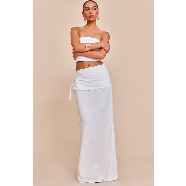 White Linen Look Ruched Waist Maxi Skirt, White - 4