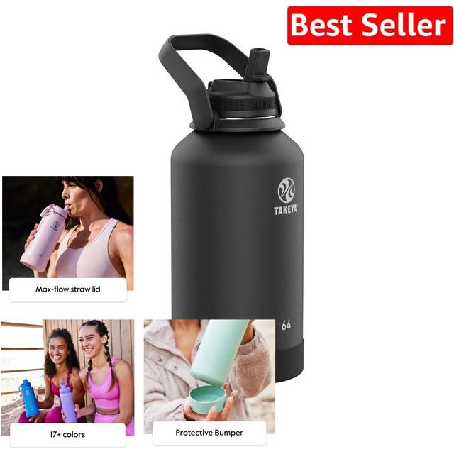Takeya Actives 64 oz Vacuum Insulated Stainless Steel Water Bottle with Straw Lid  Premium Quality  Onyx