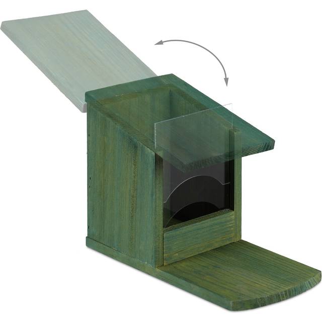 Squirrel Feeder House, Feeding Station Box, Standing, Wooden, hwd: 17.5 x 12 x 25 cm, Dark Green - Relaxdays