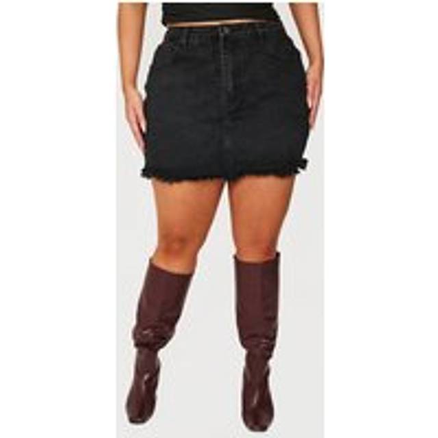 Plus Black Washed Raw Hem Mini Skirt, Black - 16