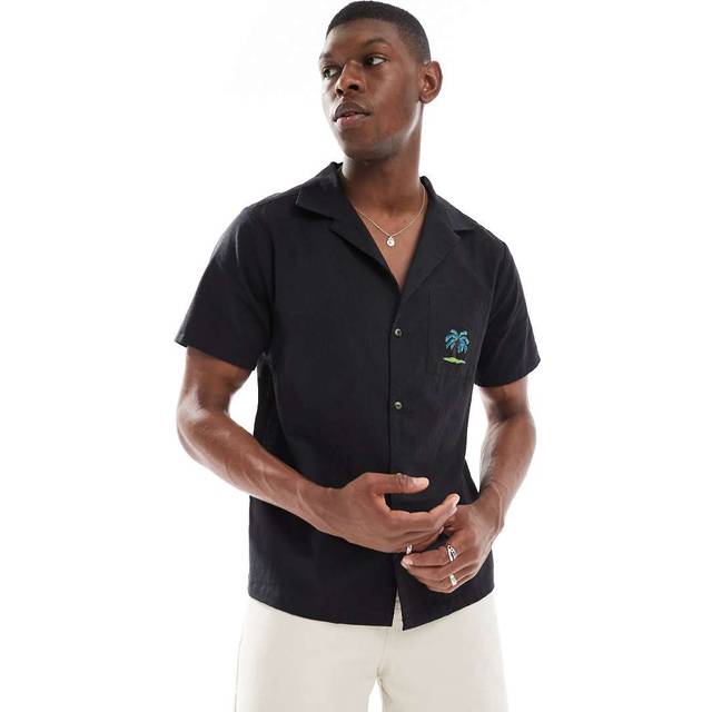 New Look Men's Black Regular Palm Tree Embroidered Revere Collar Shirt - S