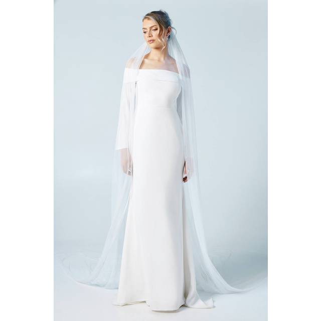Long Sleeve Bardot Crepe Maxi Wedding Dress - Ivory - 12