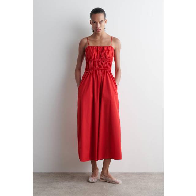 Gathered Cotton Midi Dress - Red - 42