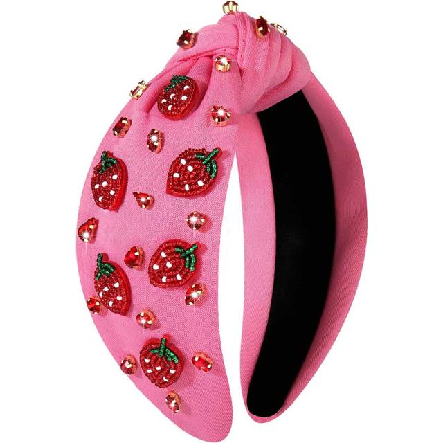 Summer Headband for Women Beaded Flower Palm Leaf Watermelon Fruit Headband Rhinestone Jeweled Knotted Headband Boho White Pink Wide Top Knot Headband