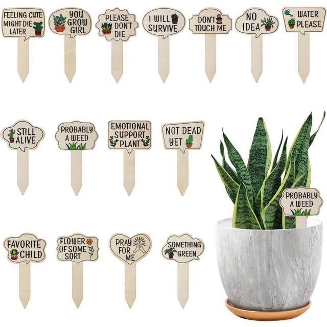 15pcs Plant Markers, Wooden Plant Labels Funny Plant Signs Stake, Interesting Words & Cute Patterns Tags Labels for Outdoor Indoor Patio Supplies