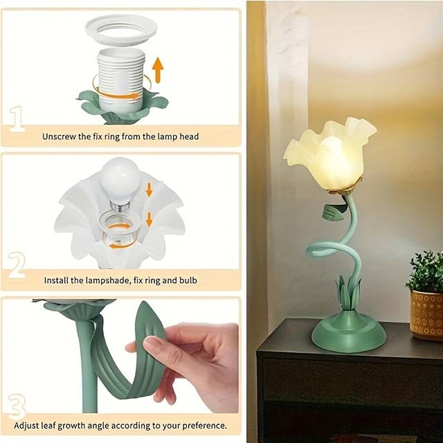 (Green) Art Deco Green Table Lamp with Floral Design, USB-Powered Desk Lighting for Reading, Bedroom, and Living Room, Polished Metal Finish