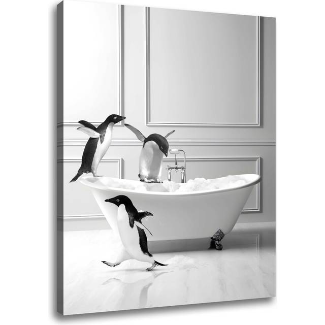 Funny Bathroom Wall Art Decor  Modern Wrapped Canvas Prints  Black and White Canvas Wall Art Pictures  Cute Penguin Bathing Wall Decor  Humor Farmhous