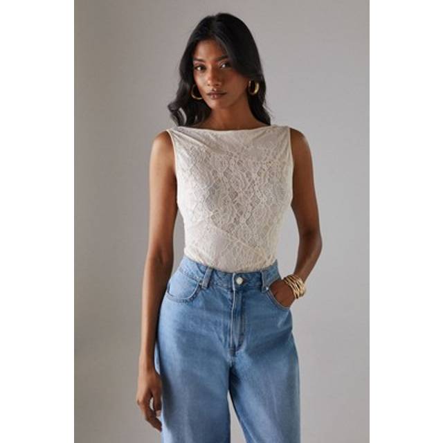 Womens Lace Panelled Sleeveless Bodysuit - cream - Cream - 10