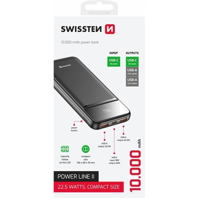 Swissten 10000 mah external battery with usb-c and 2 usb compact led display