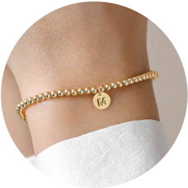Turandoss Gold Bracelet for Women - Dainty Gold Plated Initial M Charm Beaded Bracelet for Women Trendy  Disc Letter Bracelet  Womens Personalized Bra