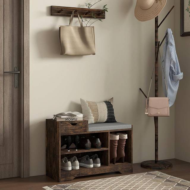 Wood Shoe Rack Bench with Seating Cushion and Drawer - Brown (5)