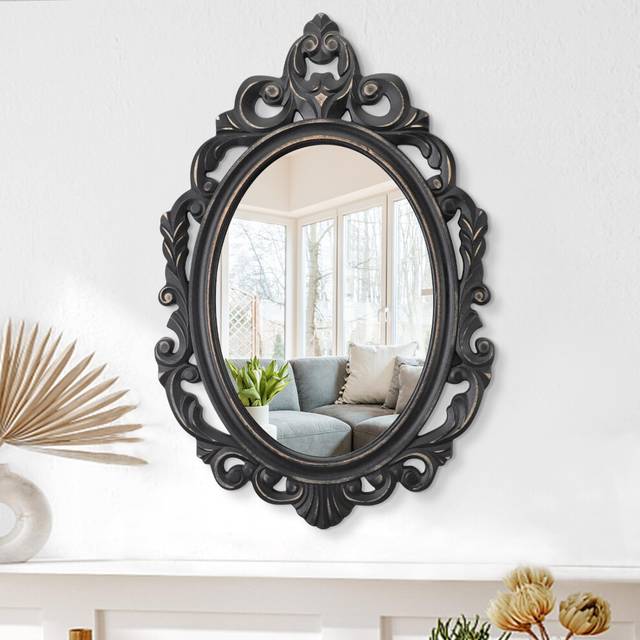 Black Oval Wooden Frame Vintage Wall Mirror Carved Hanging Mirror for Wall Decorative Antique Mirror Aesthetic for Vanity Bedroom, Living Room,