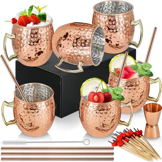 Moscow Mule Copper Mug for Cocktails 18oz/540ml Set of 6 Copper Plated Stainless Steel Moscow Mule Cups with Handle Handmade Gift Set for Chilled