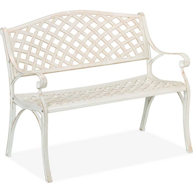 Garden Bench, 2-Seater, Balcony & Patio, Cast Aluminium, 83x103x64 cm, Antique, Outdoor Furniture, White/Gold - Relaxdays