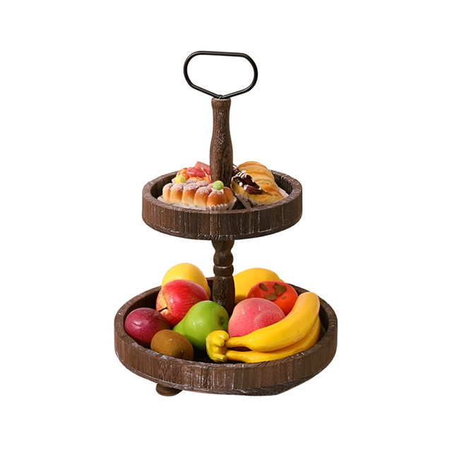 Rustic Style Wooden Tiered Tray, Farmhouse Decorative Round Tray with Metal Handles,Washed White