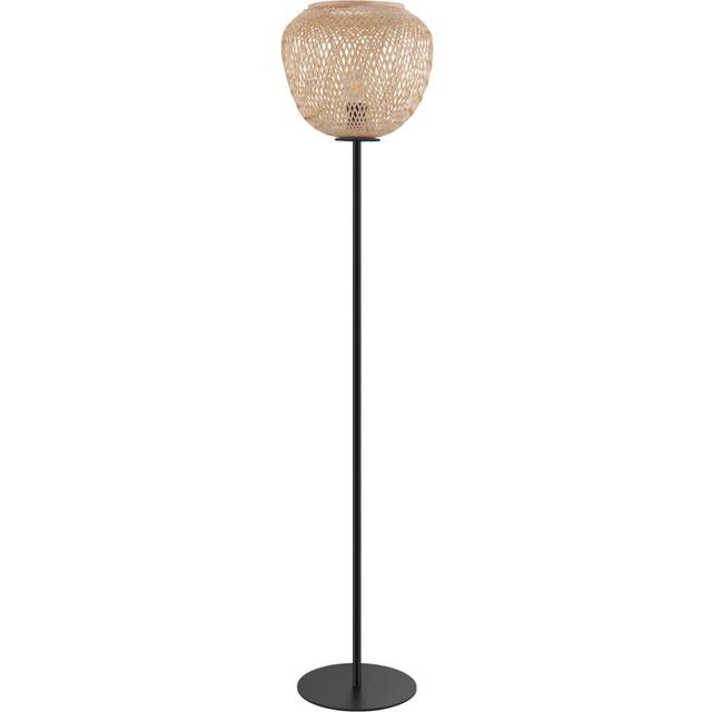 EGLO Floor lamp Dembleby, vintage and boho standing light made of black steel and natural wood, living room lighting with foot switch, E27 socket