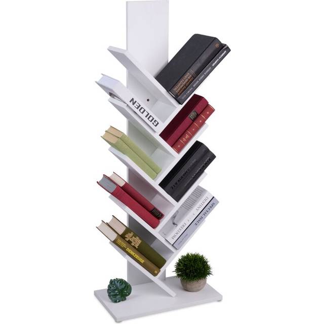 Relaxdays - Tree Bookshelf, 9 Tiers, 102x40x21.5 cm, for Books and CDs, Slim Design, Bookcase, Freestanding Shelves, White