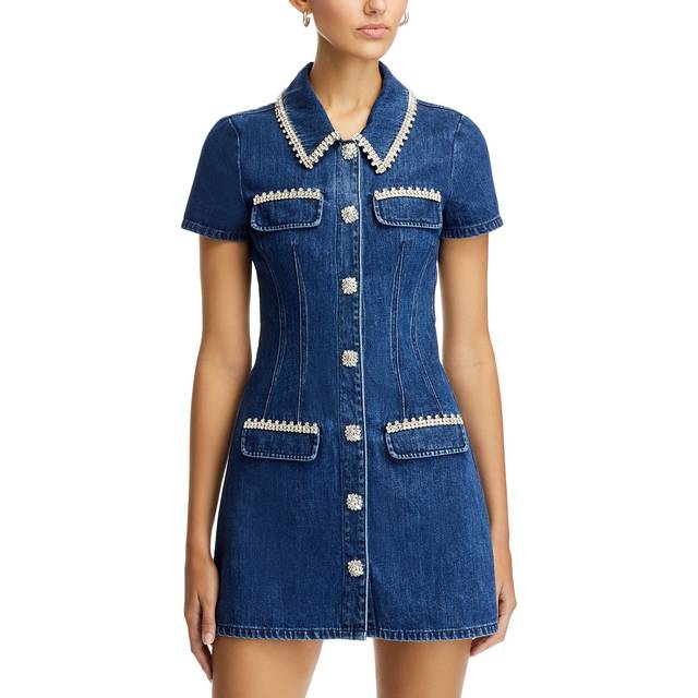 Self Portrait, Shirt Dresses, female, Blue, 2XS, Indigo Blue Crystal Button Dress