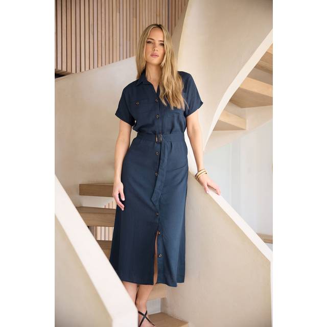 Lts Tall Navy Blue Linen Button Midi Dress 12 Lts | Tall Women's Midi Dresses