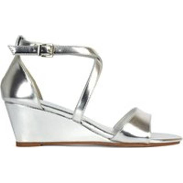 'Kylie' Strappy Mid Wedge Heel Shoes With Ankle Strap - Metallic Silver - 6