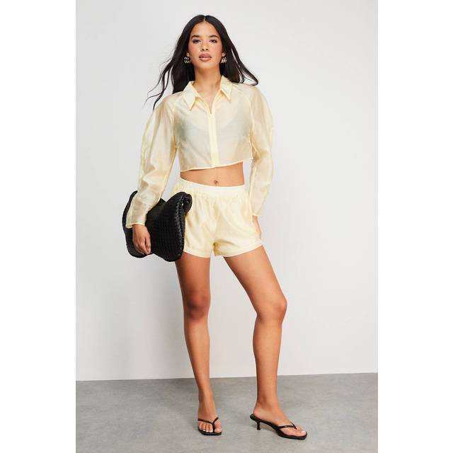 Womens Organza Shirred High Waist Shorts - Yellow - 8