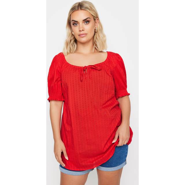 Yours Curve Red Dobby Tie Neck Blouse, Women's Curve & Plus Size, Yours - 16
