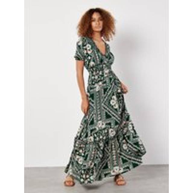 Scarf Print Smocked Maxi Dress - Green - 24