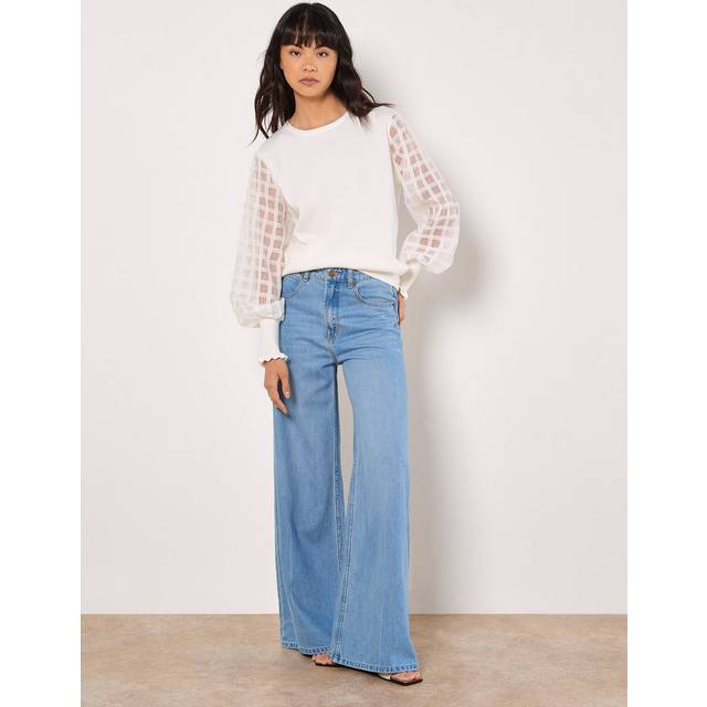 Apricot Women's White Checked Organza Sleeve Jumper New Look - UK 16
