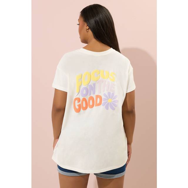 Yours Curve Ivory White 'Focus On The Good' Graphic Back Print Tshirt, Women's Curve & Plus Size, Yours - 34-36