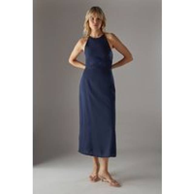 Womens Premium Linen Blend Racer Tie Back Midi Dress - navy - Navy - 12